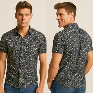 Topman Mens Large Navy Floral Button Shirt Muscle Fit Short Sleeve Modern Casual